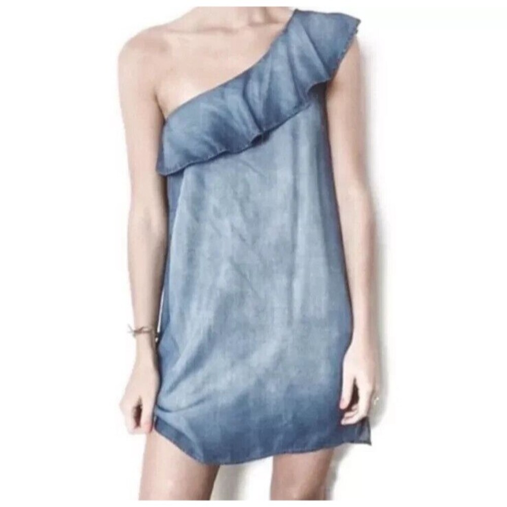 CLOTH & STONE Blue Tencel Chambray One Shoulder Tunic Mini Dress SIZE MEDIUM